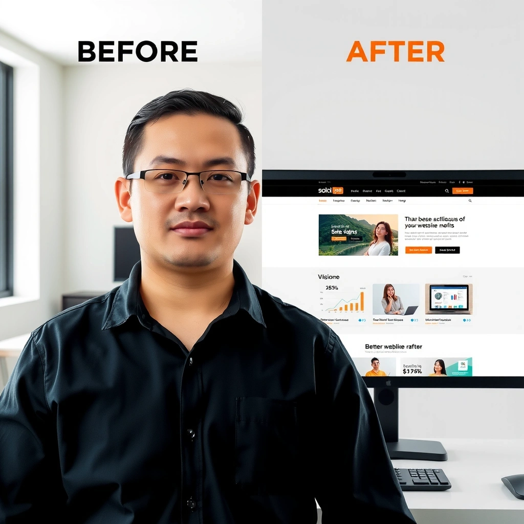 Client success story showcase with before and after website comparison