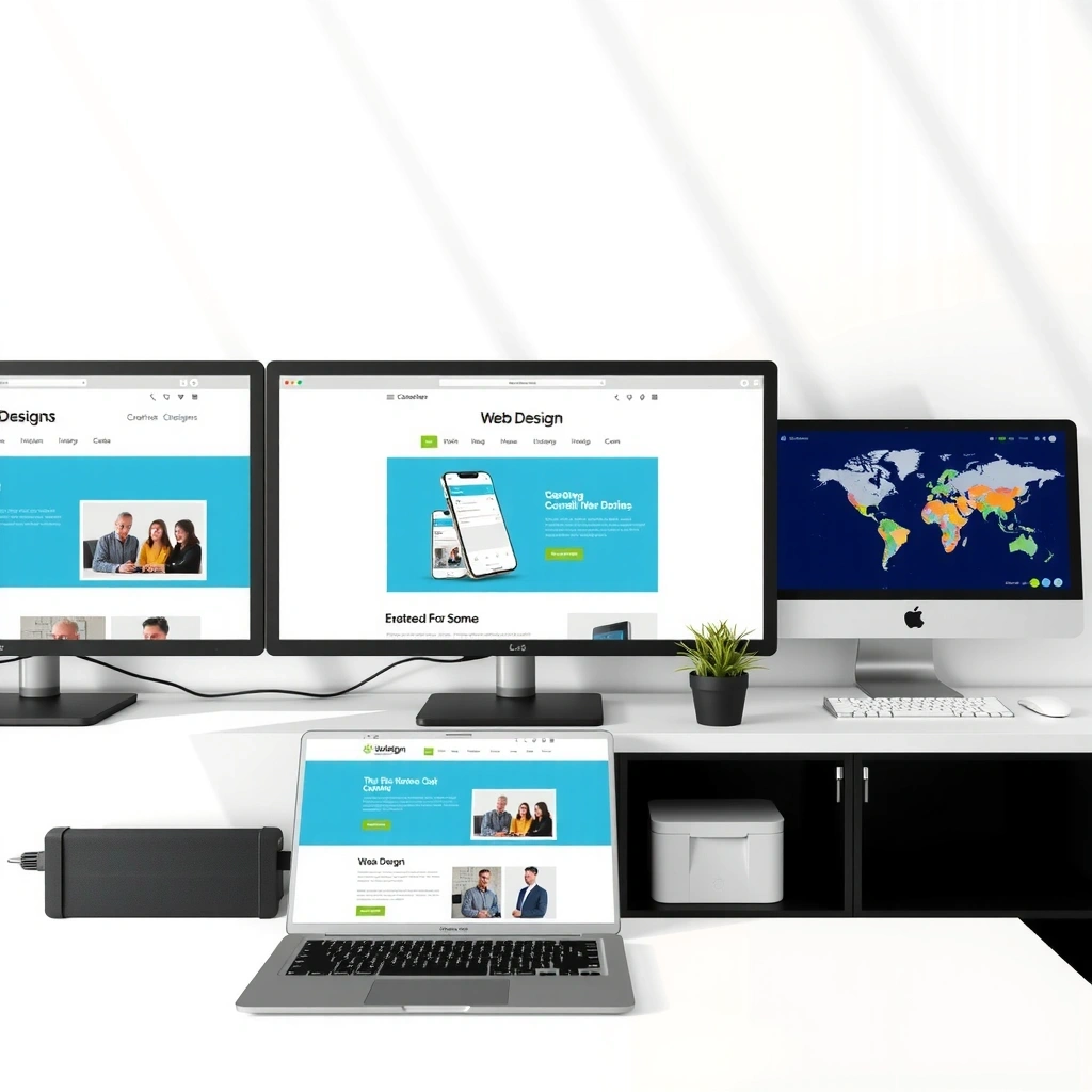 Modern web design workspace with multiple monitors showing responsive websites